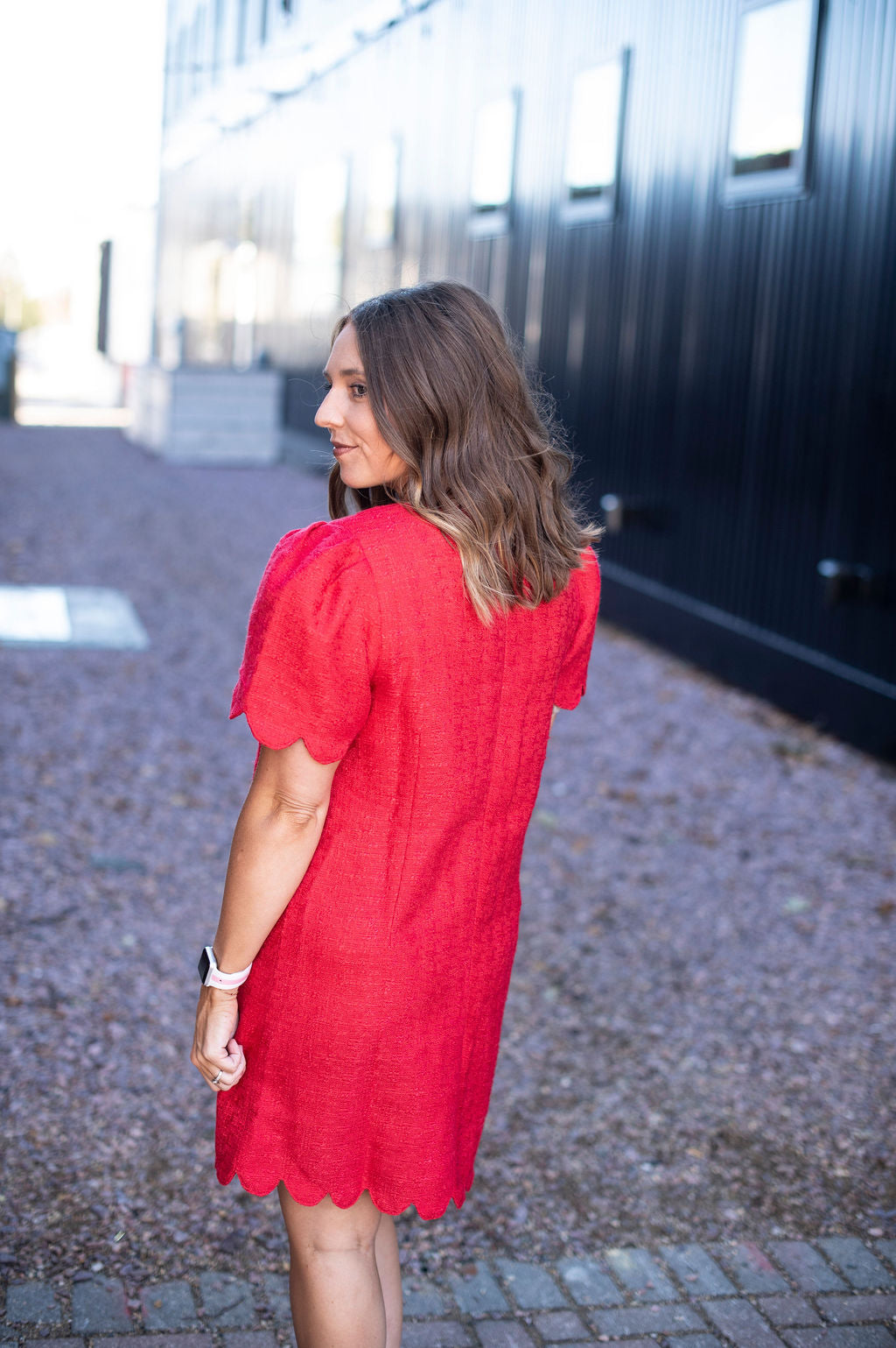 Red Puff Sleeve Scalloped Dress