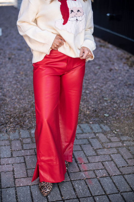 Red Leather Slit Flare Pants