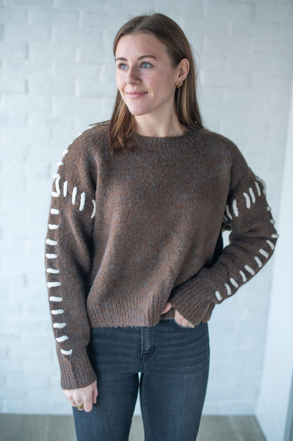 Brown + White Stitch Detail Sweater