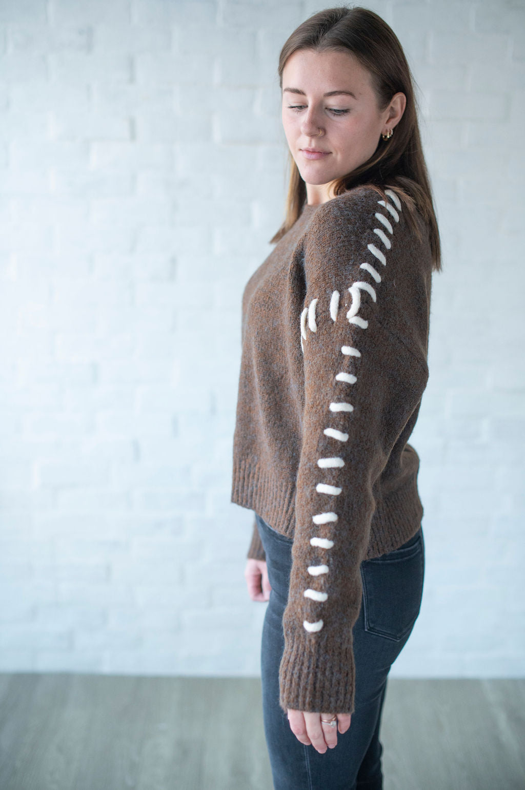 Brown + White Stitch Detail Sweater