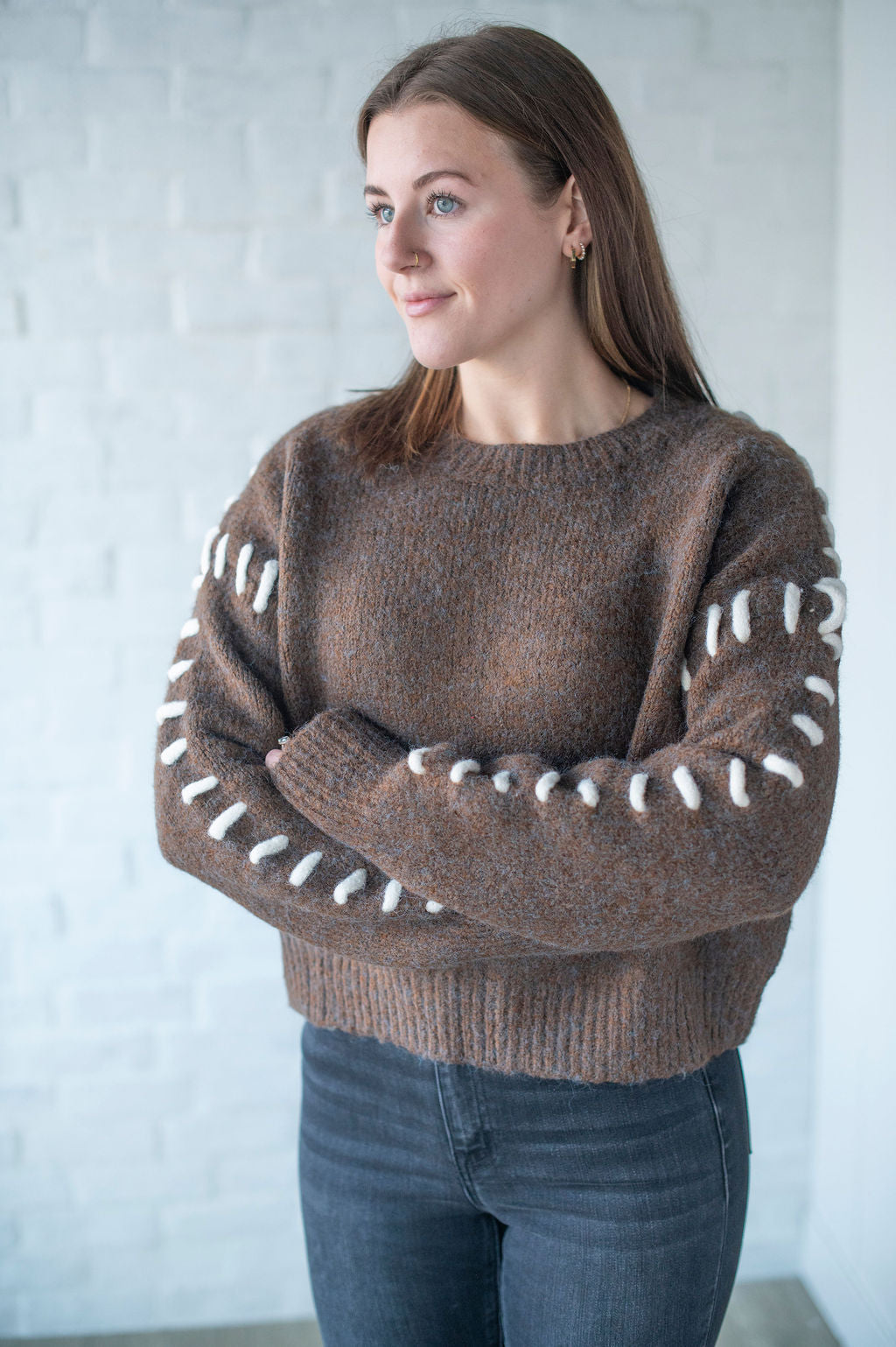 Brown + White Stitch Detail Sweater