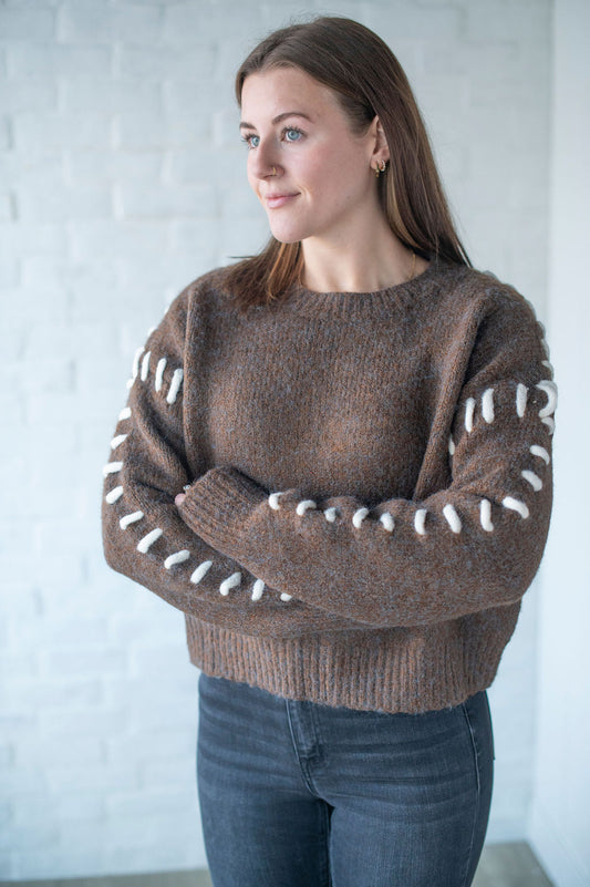 Brown + White Stitch Detail Sweater