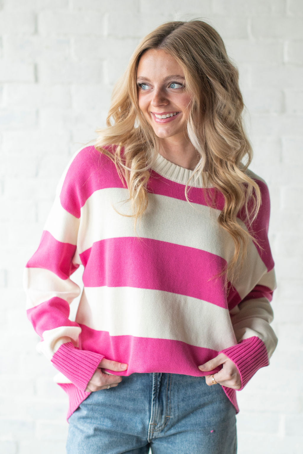 Cream + Hot Pink Stripe Sweater