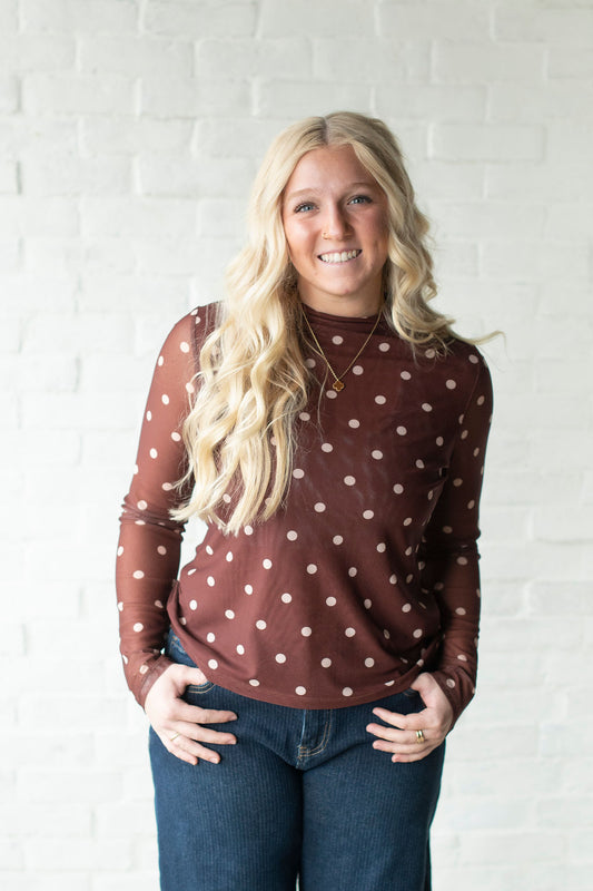 Brown Mesh Polka Dot Layering Top