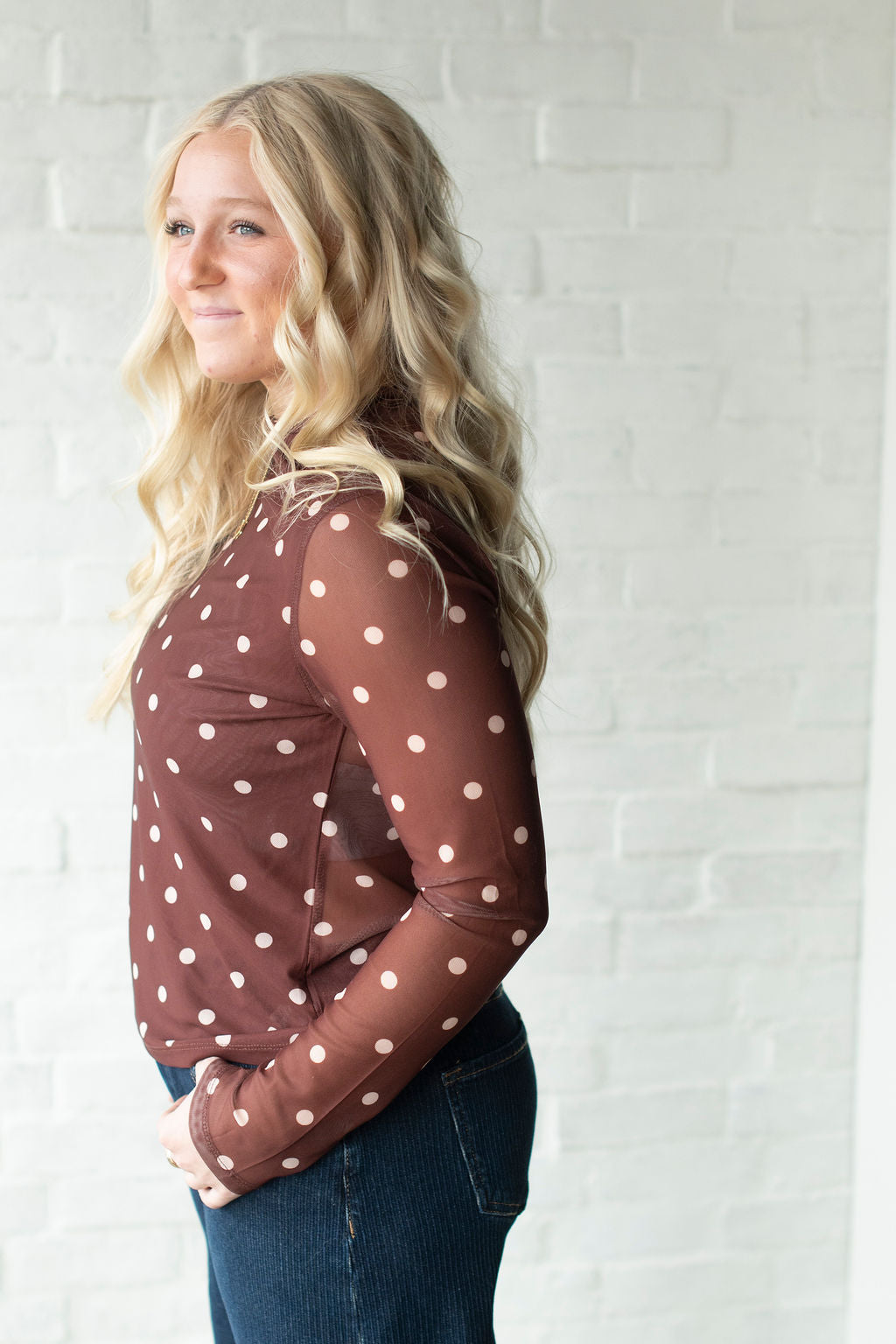 Brown Mesh Polka Dot Layering Top