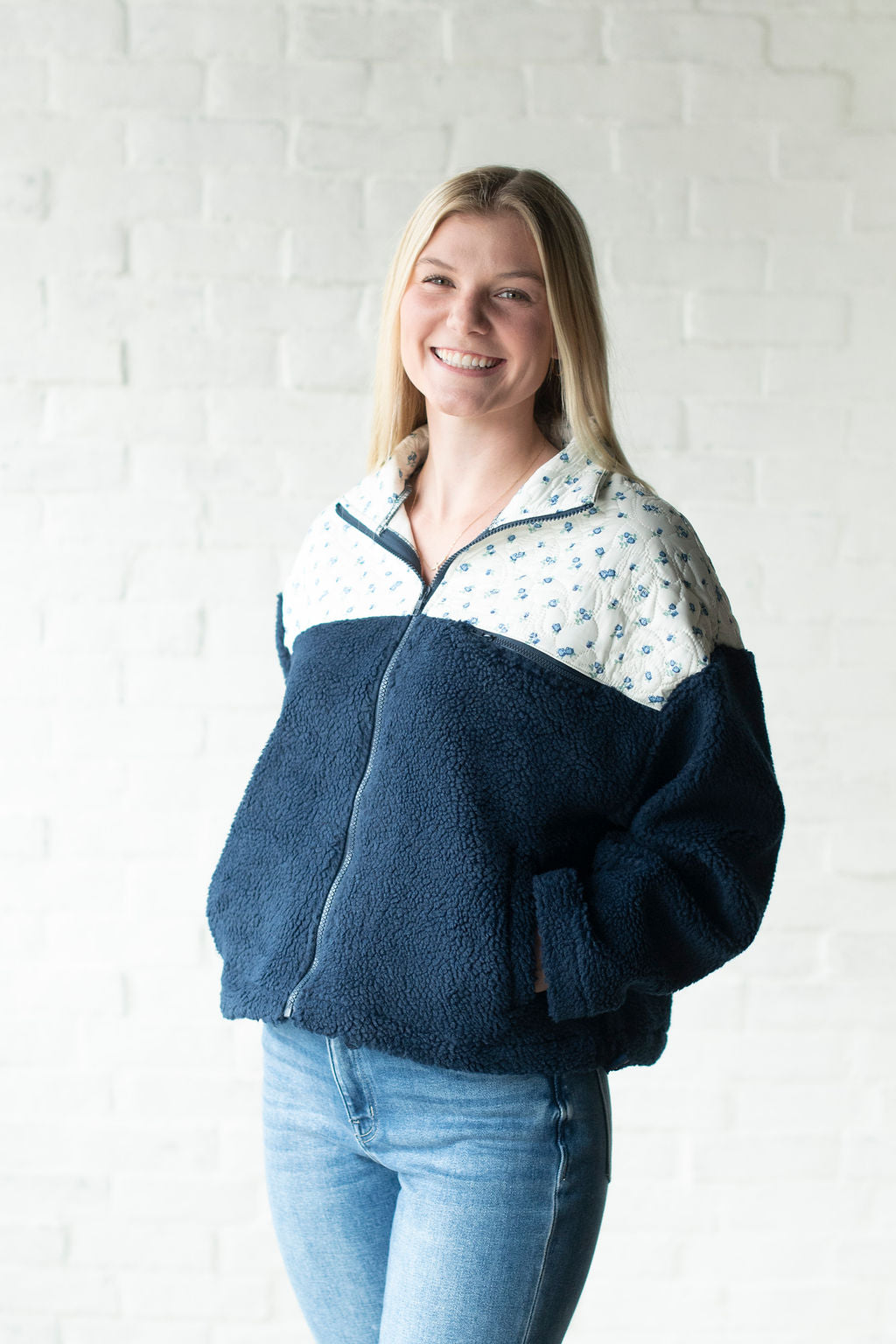 Navy Floral Fleece Zip Jacket