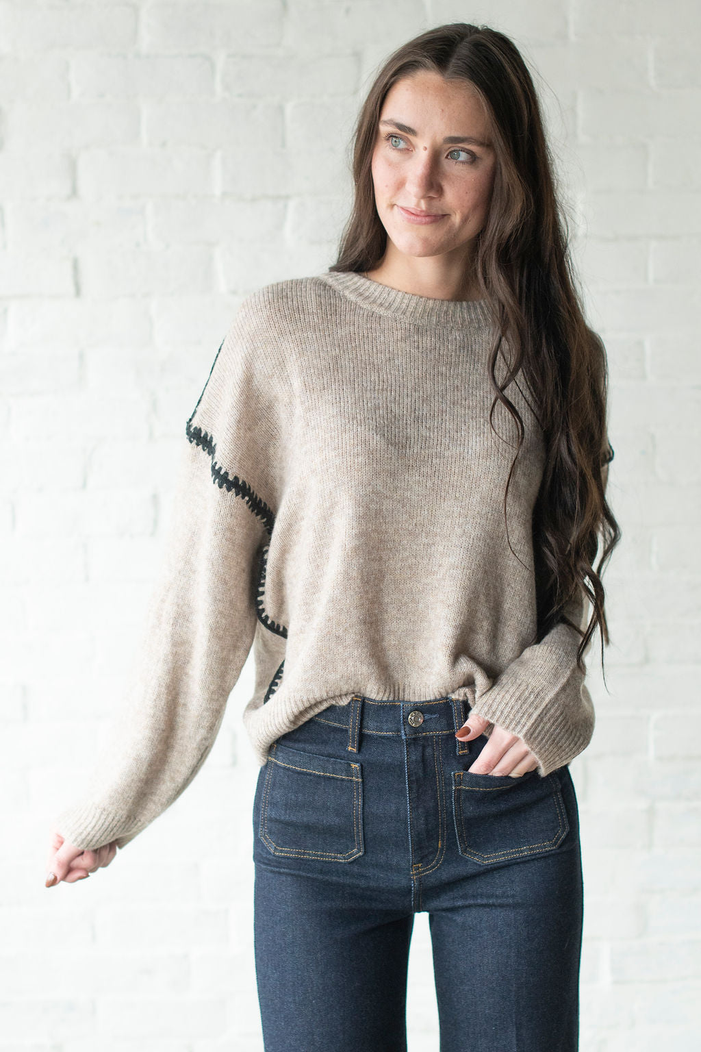Mocha Stitched Crew Sweater