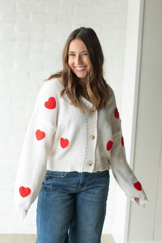 Ivory + Red Heart Button Sweater