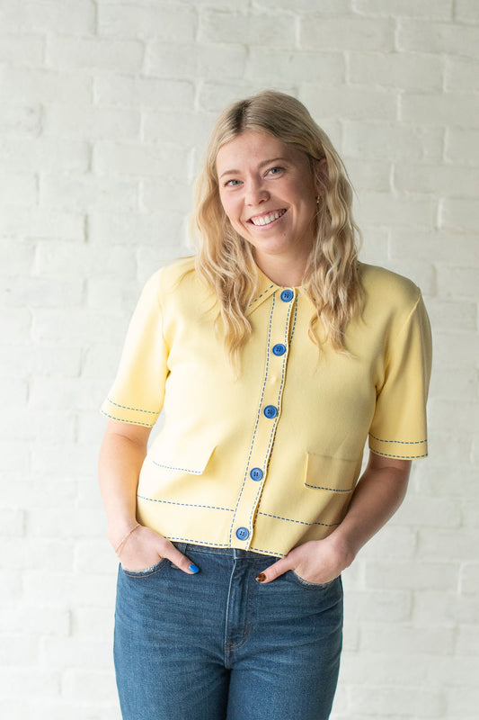 Yellow + Blue Trim SS Sweater