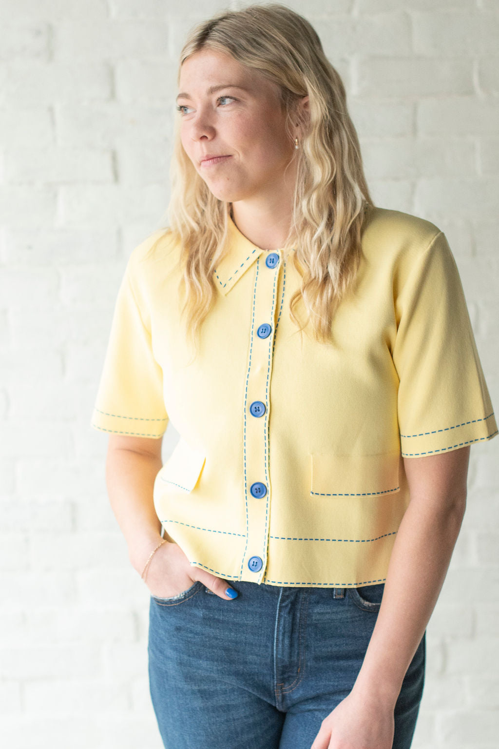 Yellow + Blue Trim SS Sweater