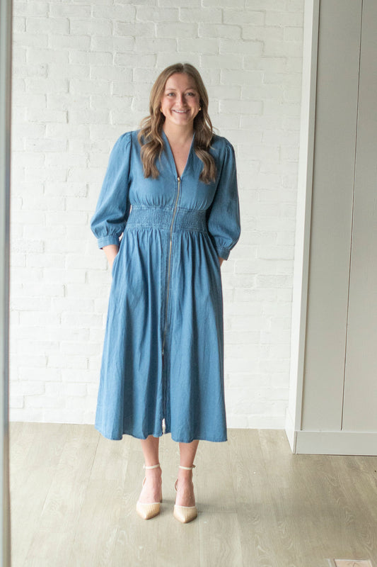 Denim 3/4 Sleeve Midi Dress