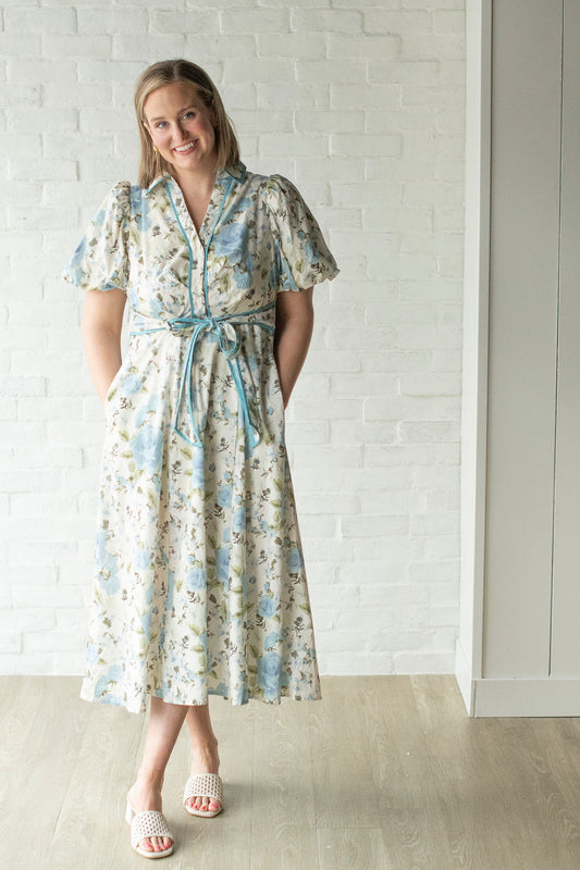 Blue Floral Puff Sleeve Midi Dress