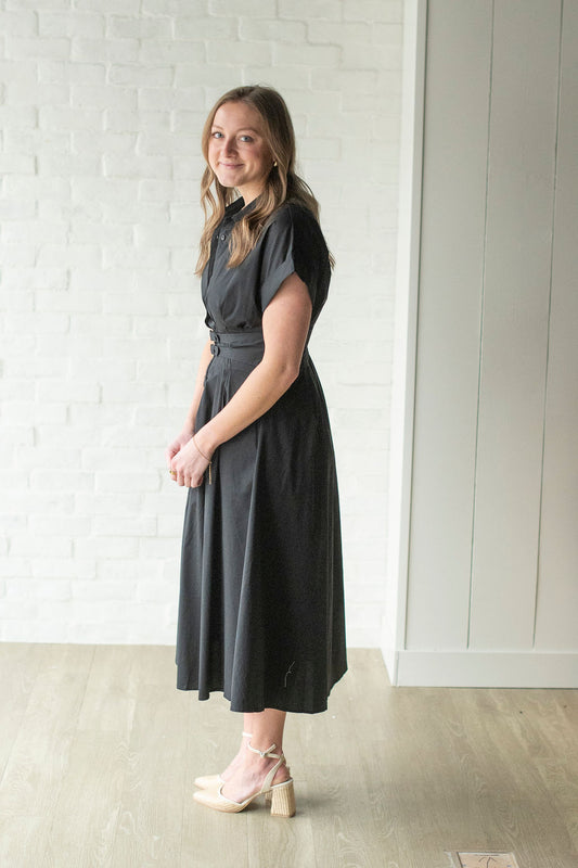 Black Double Belted Midi Dress
