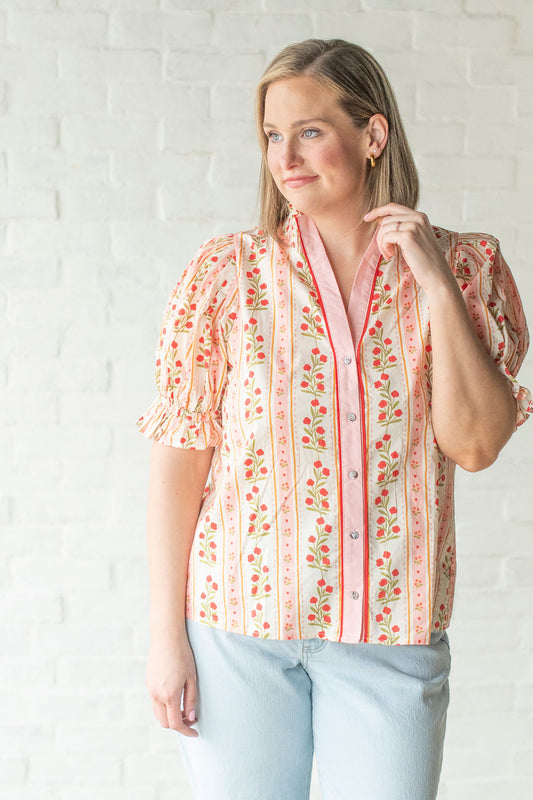 Red Floral Puff Sleeve Blouse