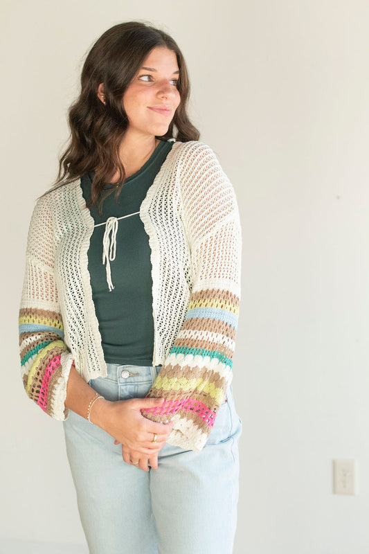 Cream + Multi Stripe Tie Cardigan