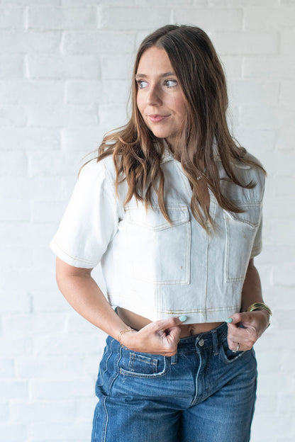 White Denim V Neck Crop Shirt