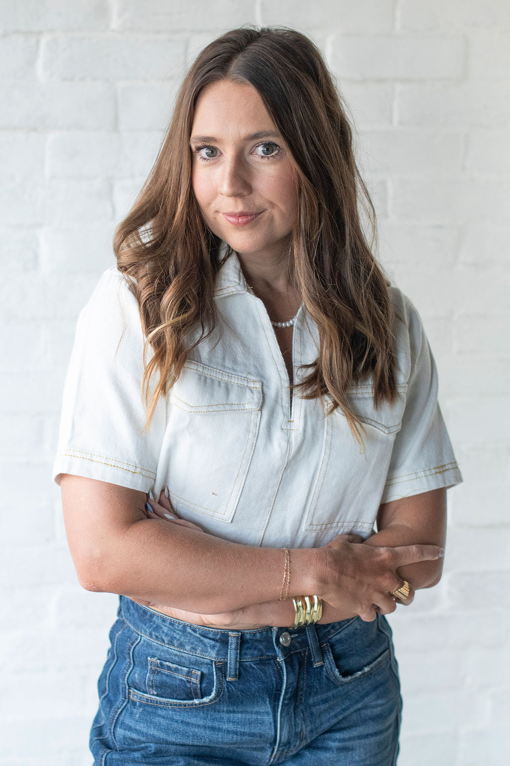 White Denim V Neck Crop Shirt
