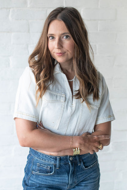 White Denim V Neck Crop Shirt