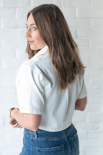 White Denim V Neck Crop Shirt
