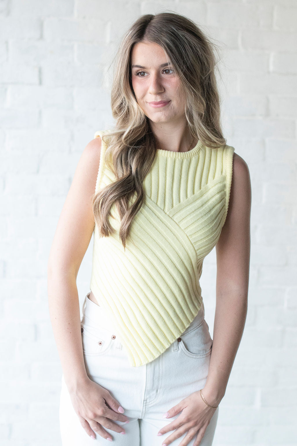 Yellow Scarf Hem Sleeveless Sweater
