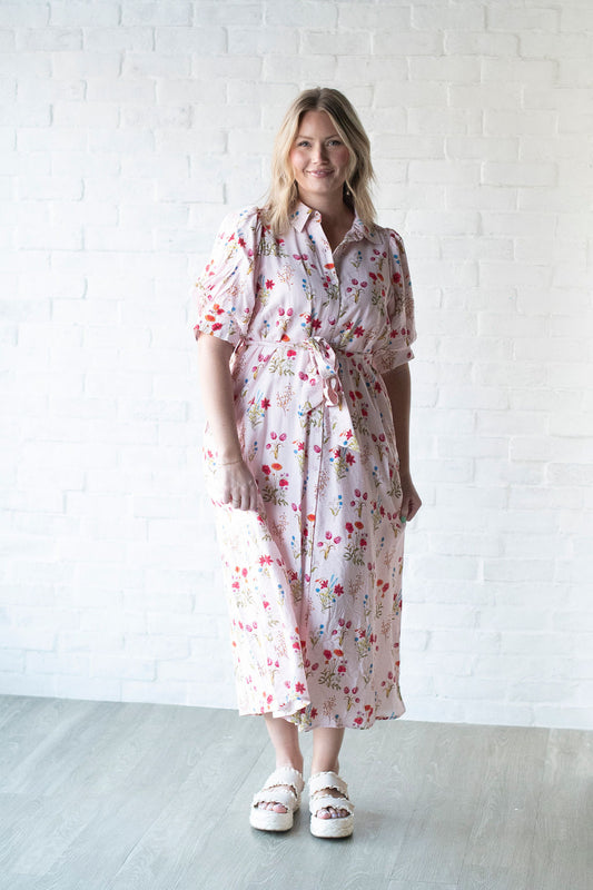 Blush Pink Floral Tulip Midi Dress