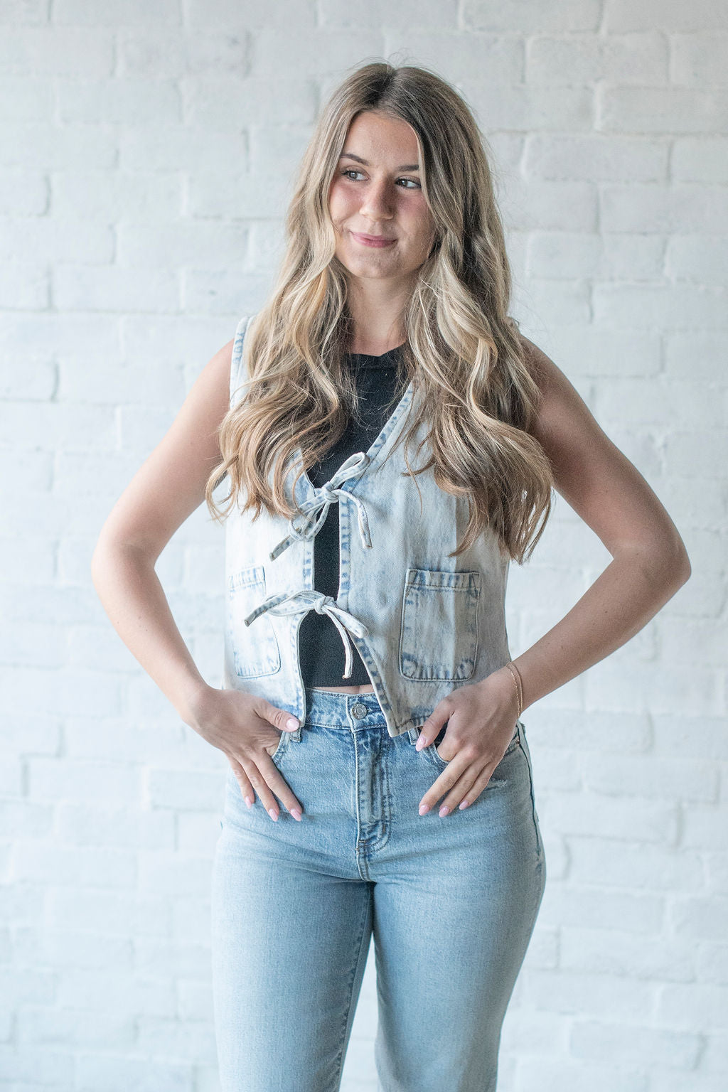 Acid Wash Denim Tie Vest