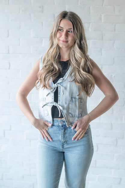Acid Wash Denim Tie Vest