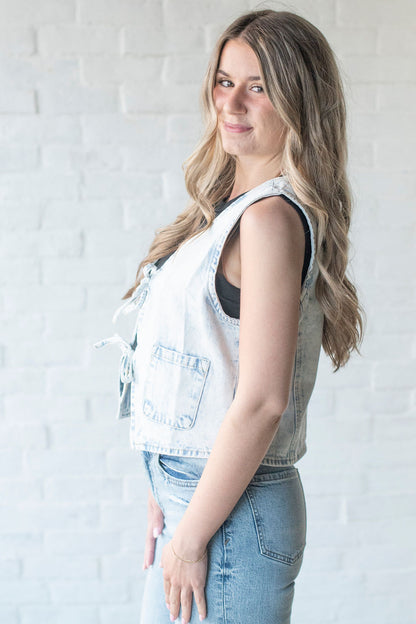 Acid Wash Denim Tie Vest