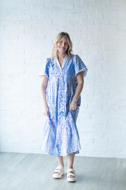 Purple Printed SS Midi Dress