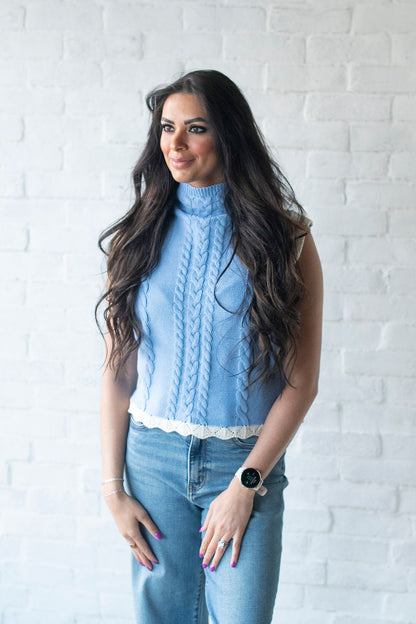 Blue Knit Mock Neck Sweater
