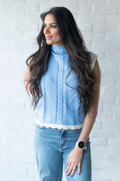 Blue Knit Mock Neck Sweater