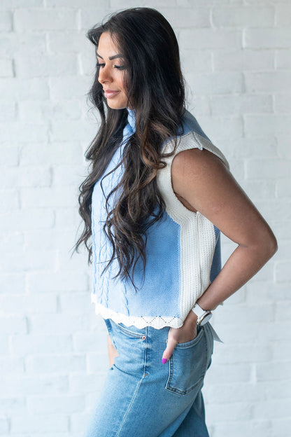 Blue Knit Mock Neck Sweater
