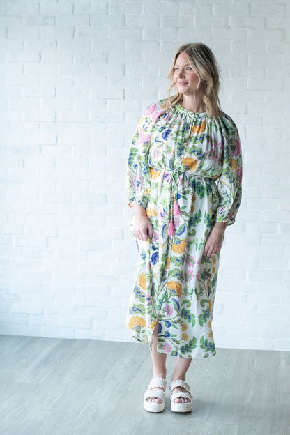 Green Floral Tassel Midi Dress