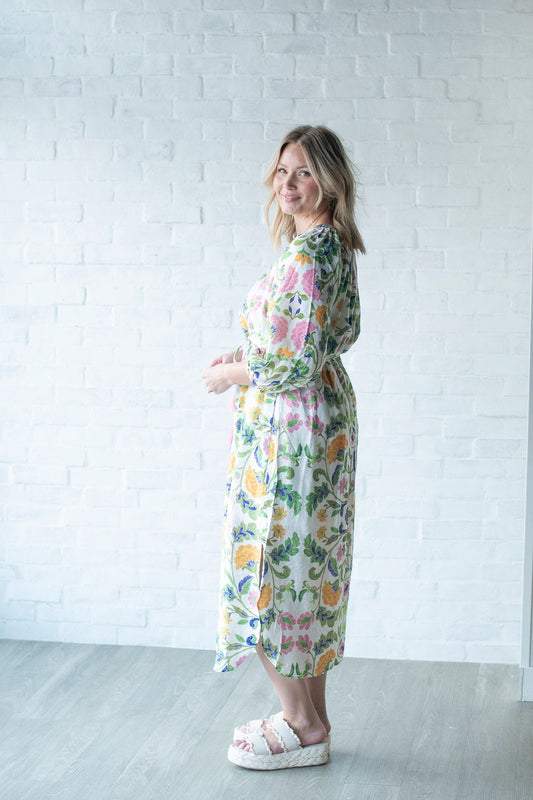 Green Floral Tassel Midi Dress
