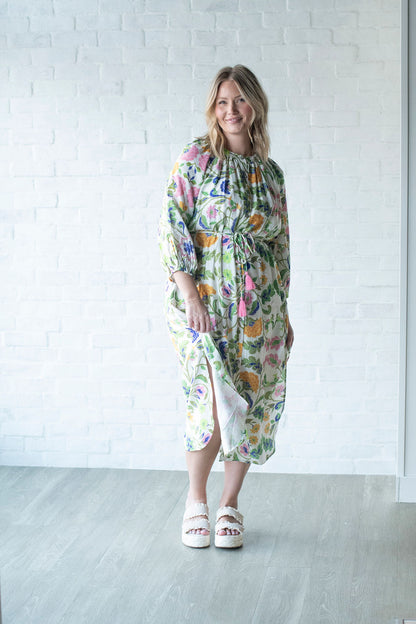 Green Floral Tassel Midi Dress