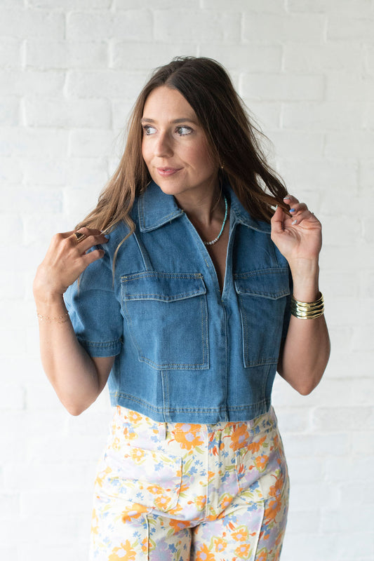 Denim V Neck Crop Shirt