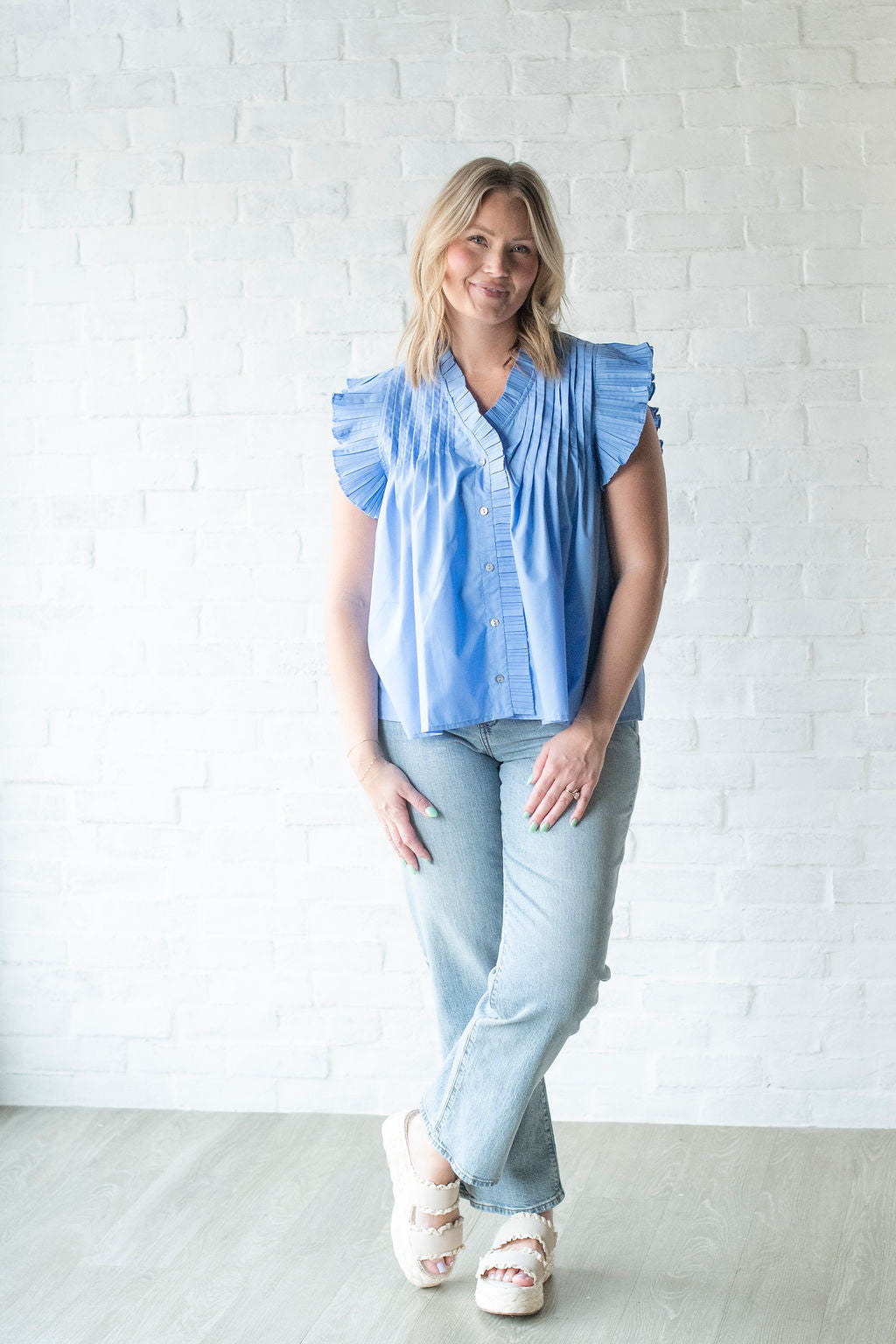 Blue Pleated Ruffle Blouse