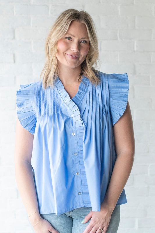 Blue Pleated Ruffle Blouse