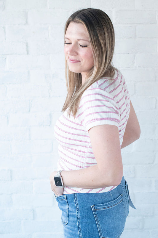 Pink + Cream Stripe Cap Sleeve Tee