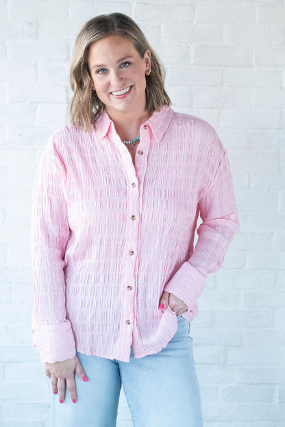 Pink Collared LS Textured Blouse