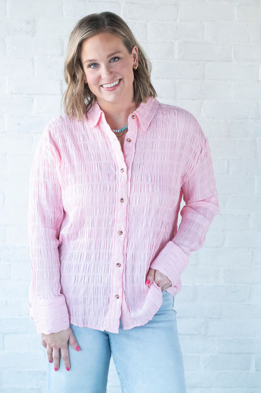 Pink Collared LS Textured Blouse