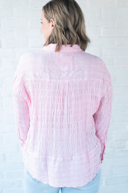 Pink Collared LS Textured Blouse