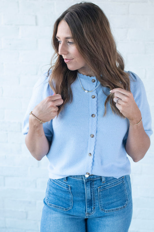 Sky Blue Puff Sleeve Button Cardigan