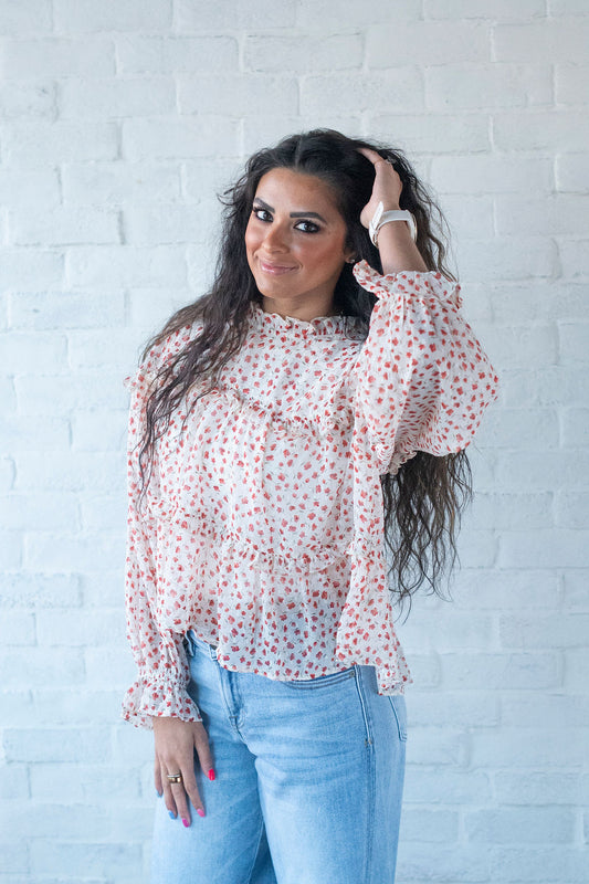 Red Floral Chiffon Ruffle Blouse