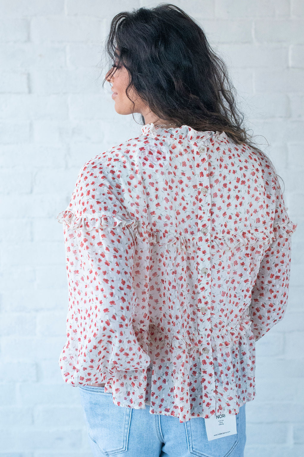 Red Floral Chiffon Ruffle Blouse