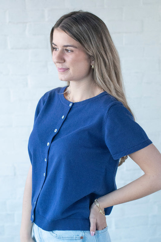 Navy Button Up SS Sweater