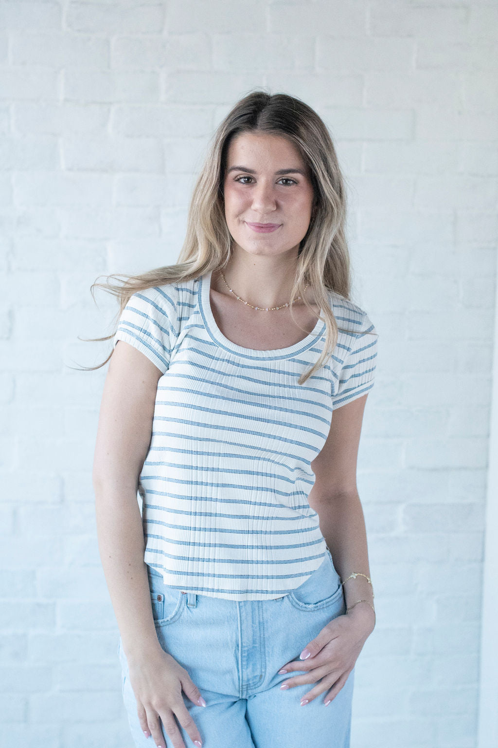 Blue + Ivory Stripe Cap Sleeve Tee