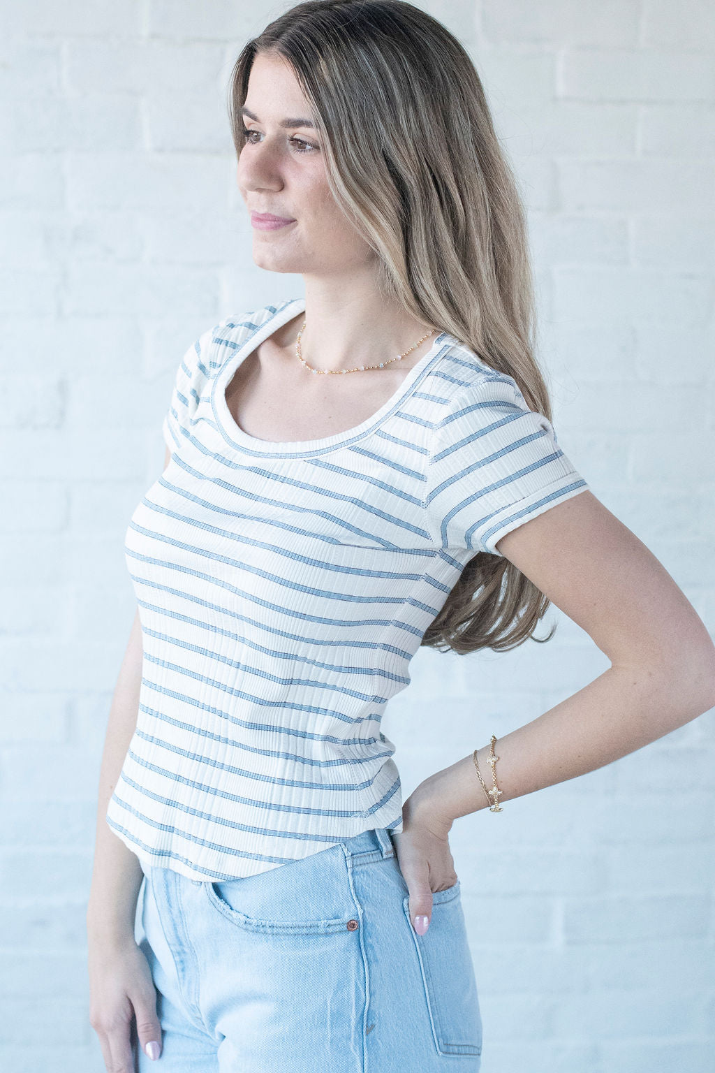 Blue + Ivory Stripe Cap Sleeve Tee