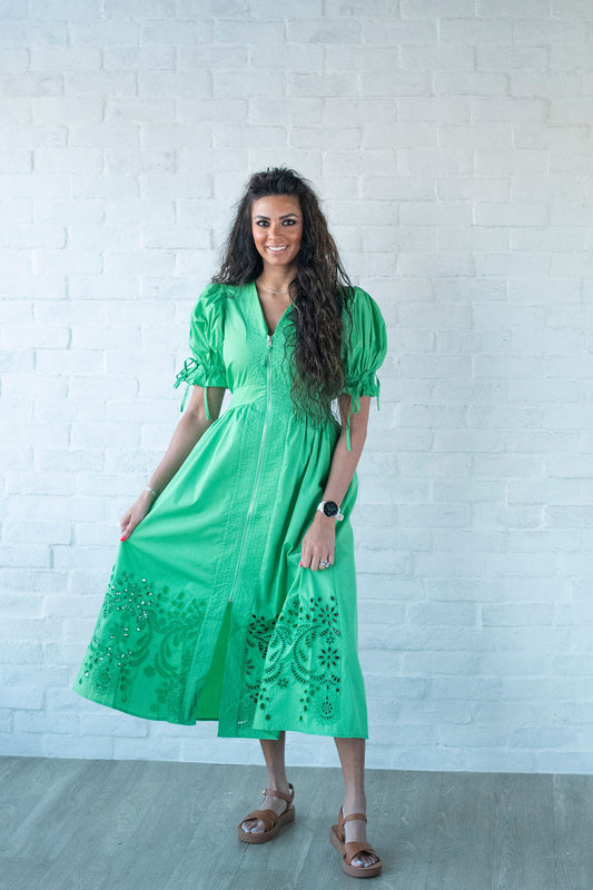 Green Puff Sleeve Eyelet Midi Drewss