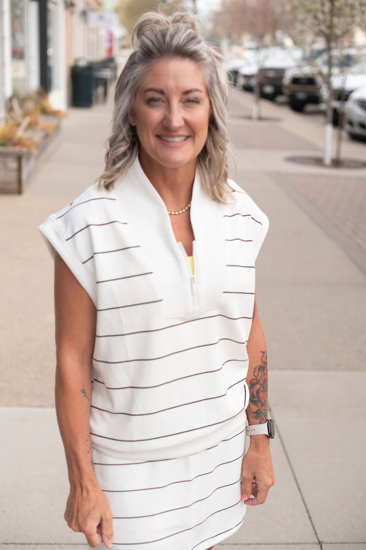 White Pin Stripe Scuba Top